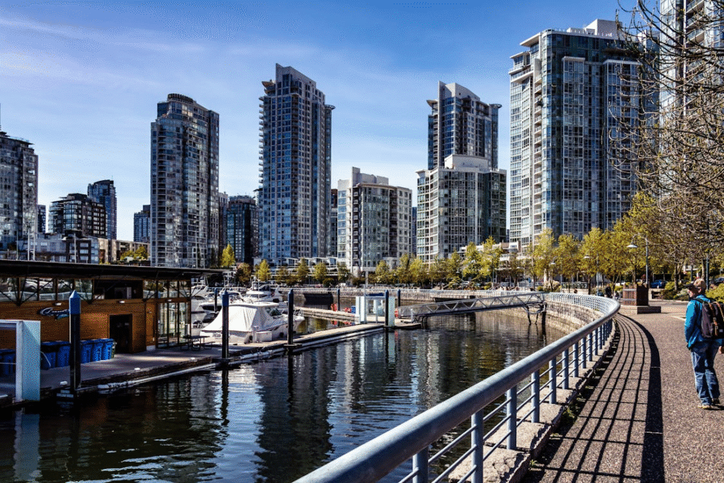View of a modern waterfront with residential and commercial high-rises