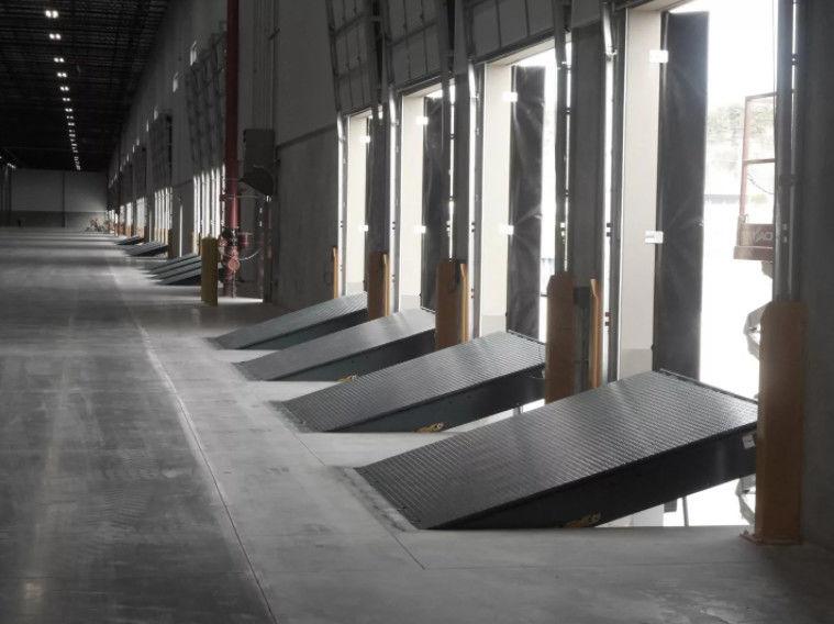Hydraulic and mechanical loading dock levelers installed inside a commercial warehouse or shipping facility in Vancouver.
