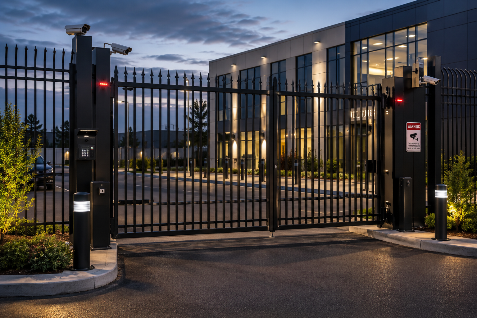 Automated commercial security gate system installed at a modern office facility in Vancouver