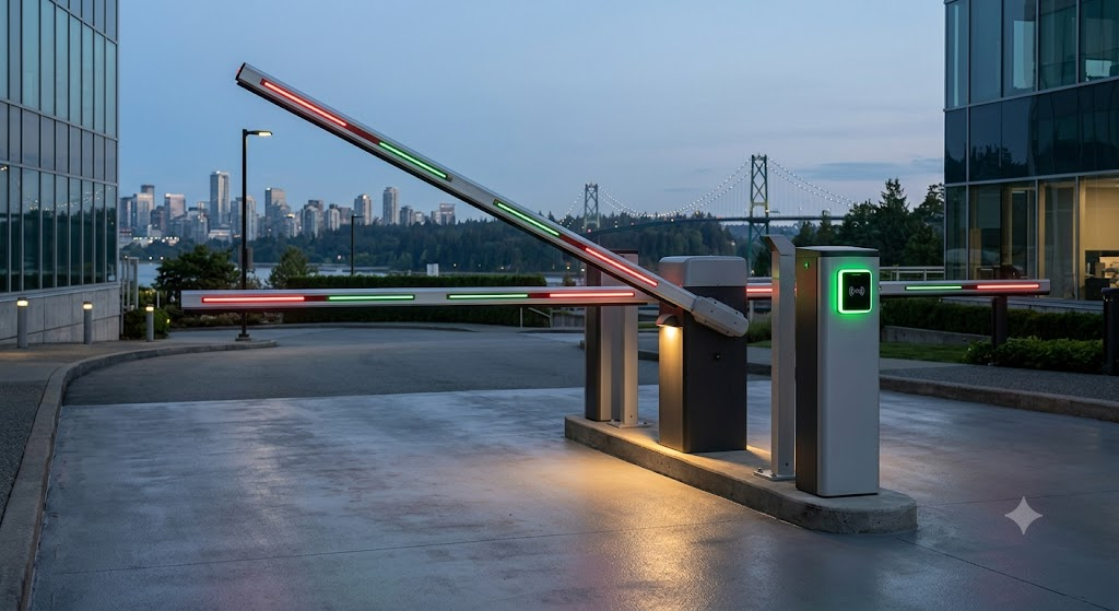 Two automated commercial barrier gates at dusk with integrated red and green LED safety lighting strips on their aluminum boom arms, positioned in front of a city skyline and the Lions Gate Bridge.