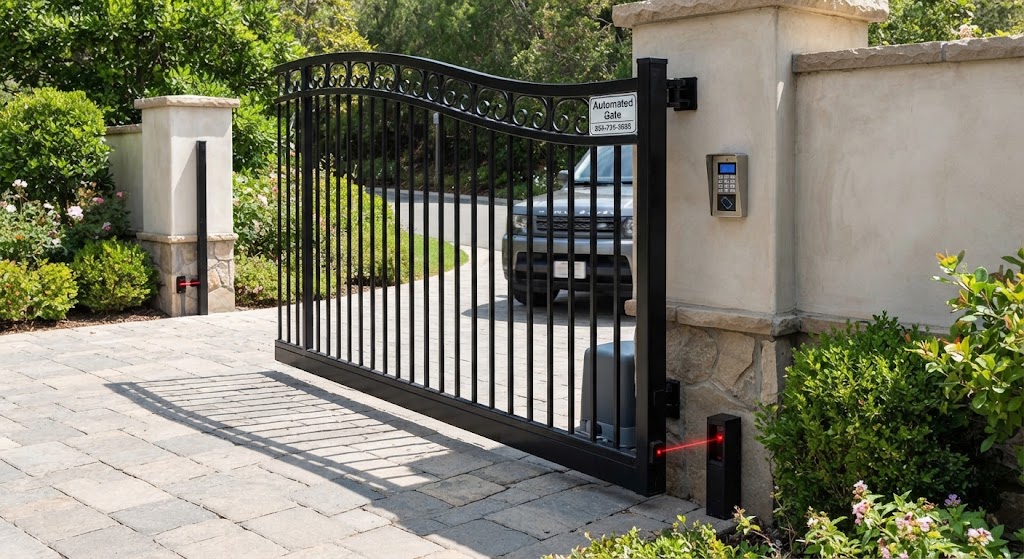 A sleek black automated sliding driveway gate opening on a paved residential stone driveway next to stone pillar columns and green foliage.