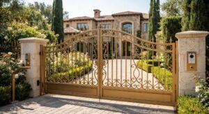 A luxurious gold-colored ornate automated driveway gate opening to reveal a paved stone driveway and a fancy stone estate house in the background.