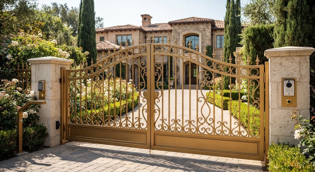 A luxurious gold-colored ornate automated driveway gate opening to reveal a paved stone driveway and a fancy stone estate house in the background.