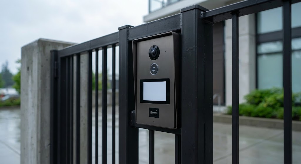 Modern commercial gate intercom with built-in camera, call button, and RFID reader mounted on a black metal security fence during a rainy day.