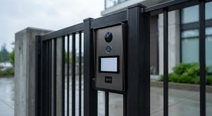 Modern commercial gate intercom with built-in camera, call button, and RFID reader mounted on a black metal security fence during a rainy day.