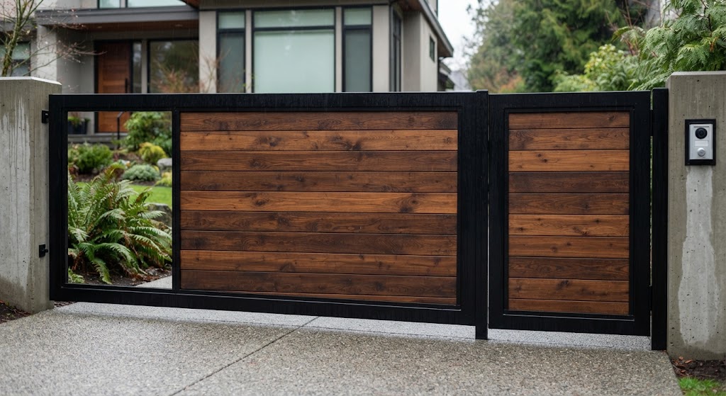 Modern automated driveway gate featuring dark metal framing and warm wooden horizontal slats, installed in front of a contemporary home with concrete pillars.