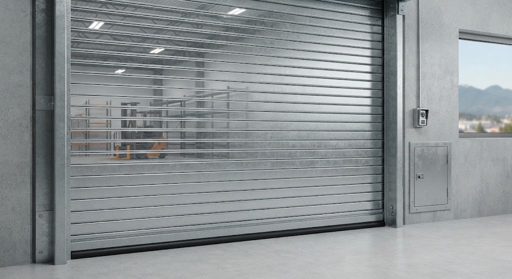 A clean industrial facility featuring a heavy-duty, galvanized rolling steel service door in the closed position, mounted within a concrete wall.