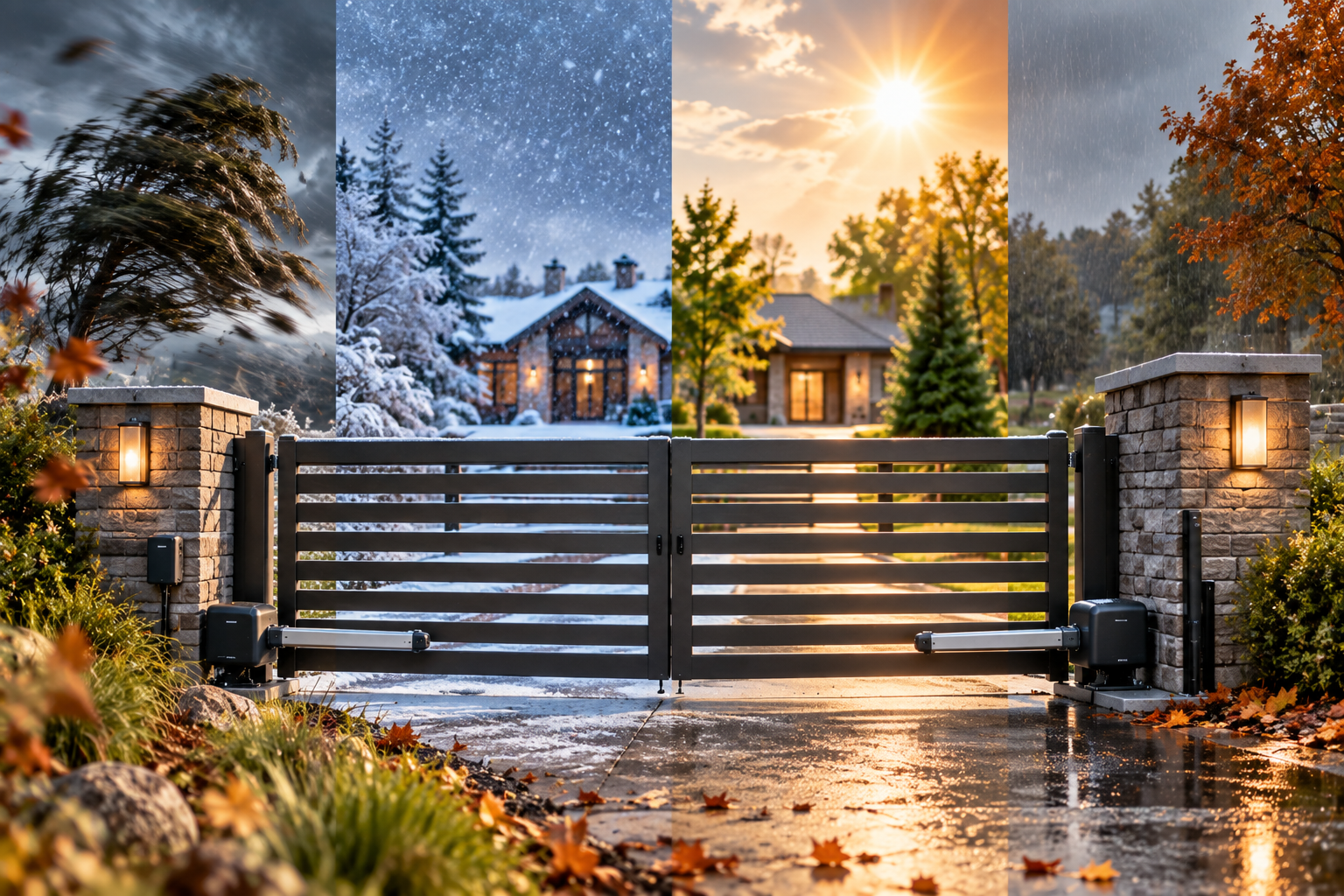 Automatic driveway gate operating through extreme weather conditions including high winds, snow, summer heat, and heavy rain.