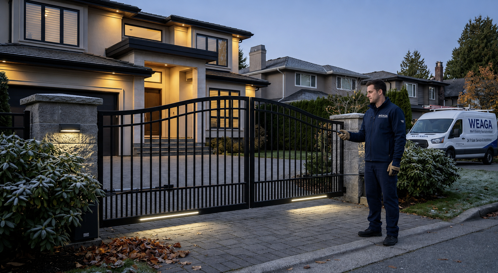 A modern luxury residential house in Vancouver with an automated black metal driveway swing gate closed for security at twilight.