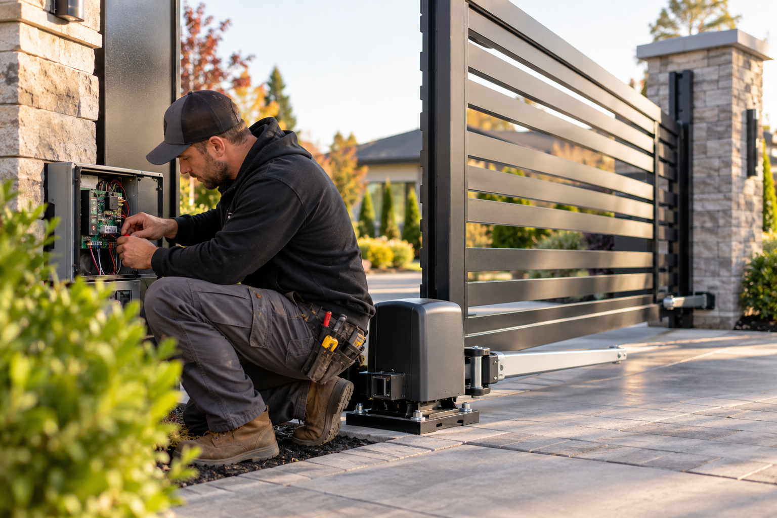 Gate automation technician performing maintenance on an automatic driveway gate and control system.