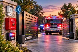 Fire truck entering through an automated security gate equipped with emergency access controls, including a siren sensor, Knox switch, and strobe sensor.