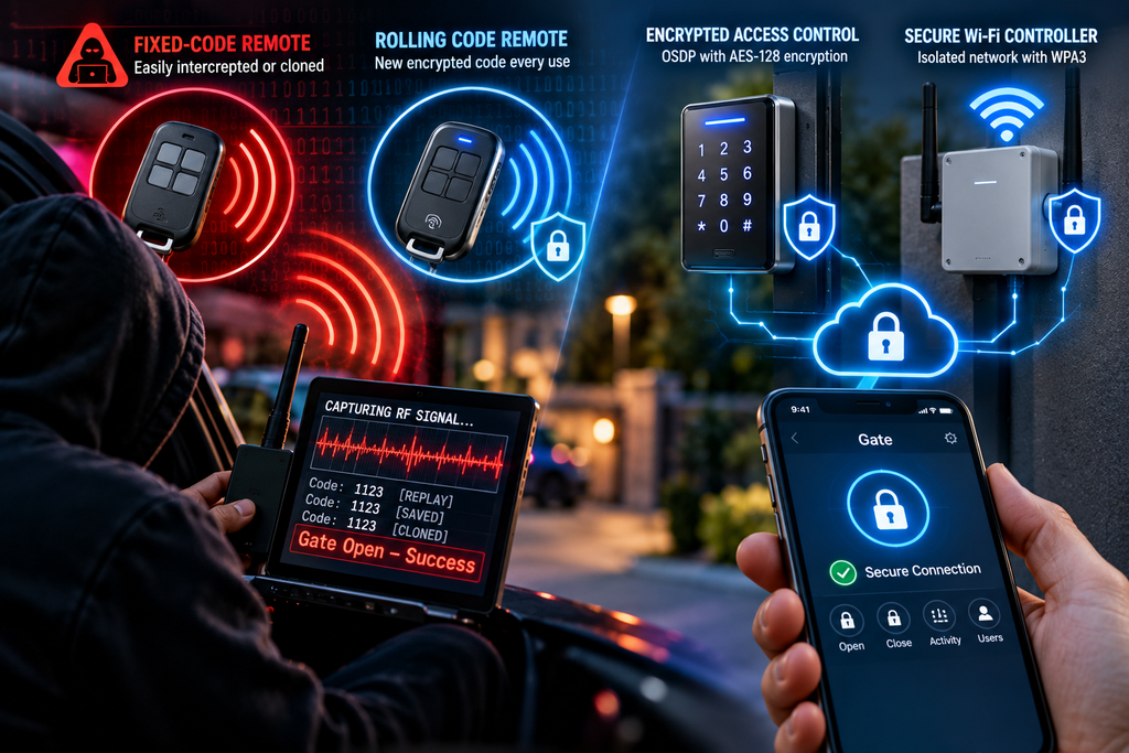 Cybersecurity illustration showing a hacker intercepting a fixed-code gate remote signal alongside secure rolling-code, encrypted access control, and Wi-Fi technologies.